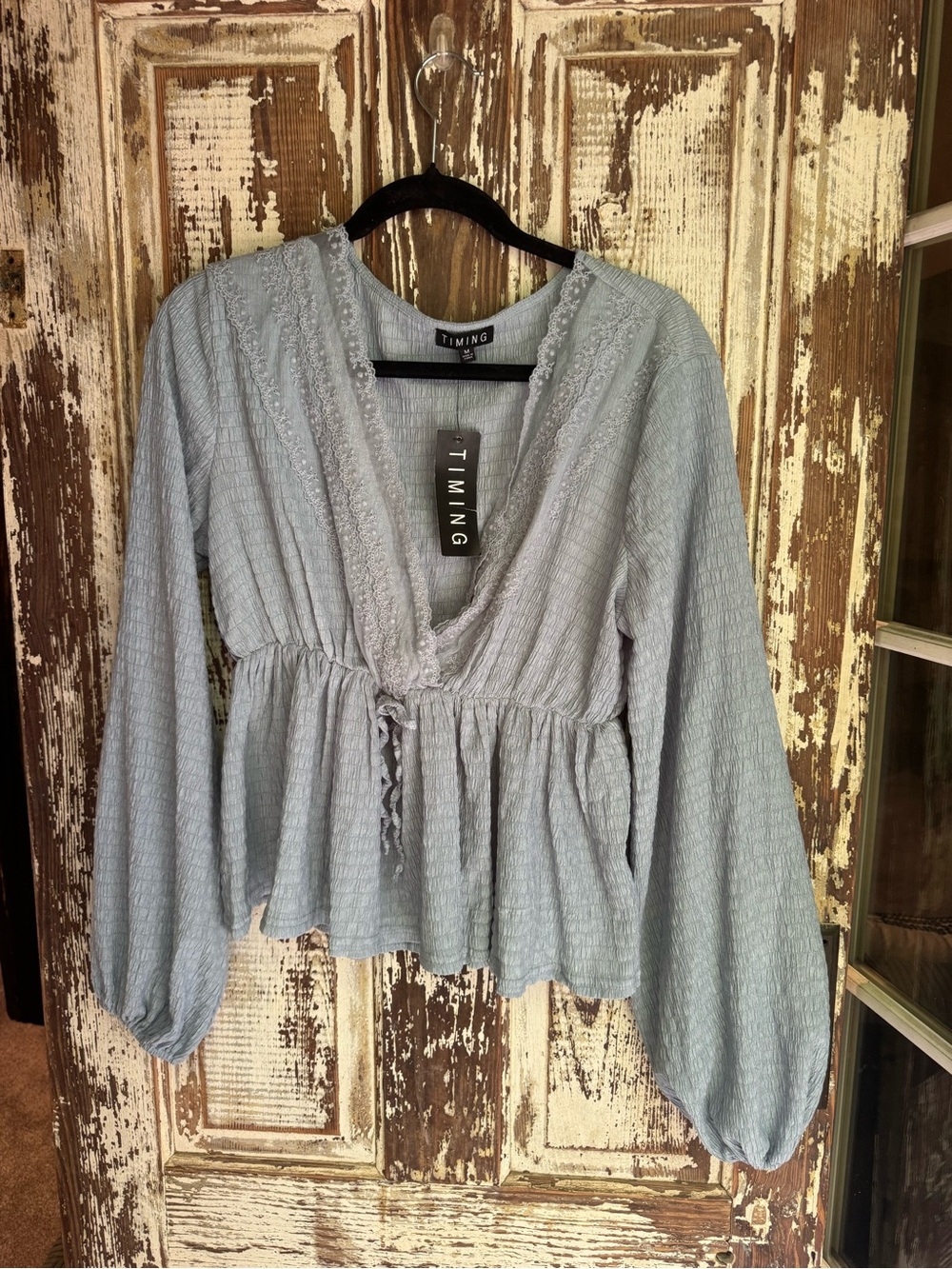 Timing Light Blue Textured Peasant Tunic with Lace Trim